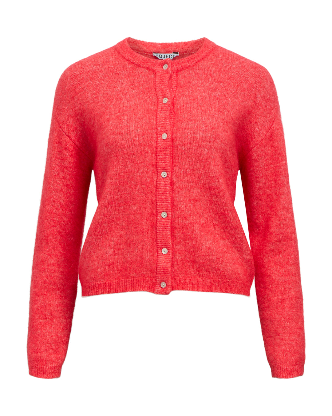 Produktbillede af coral farvet AGATE strik cardigan. Set forfra. Fra BySofieSønderby
