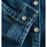 Detaljebillede af blå CANA denim kjole. BySofieSønderby.