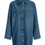 Produktbillede af blå CANA denim kjole. Set forfra. BySofieSønderby.