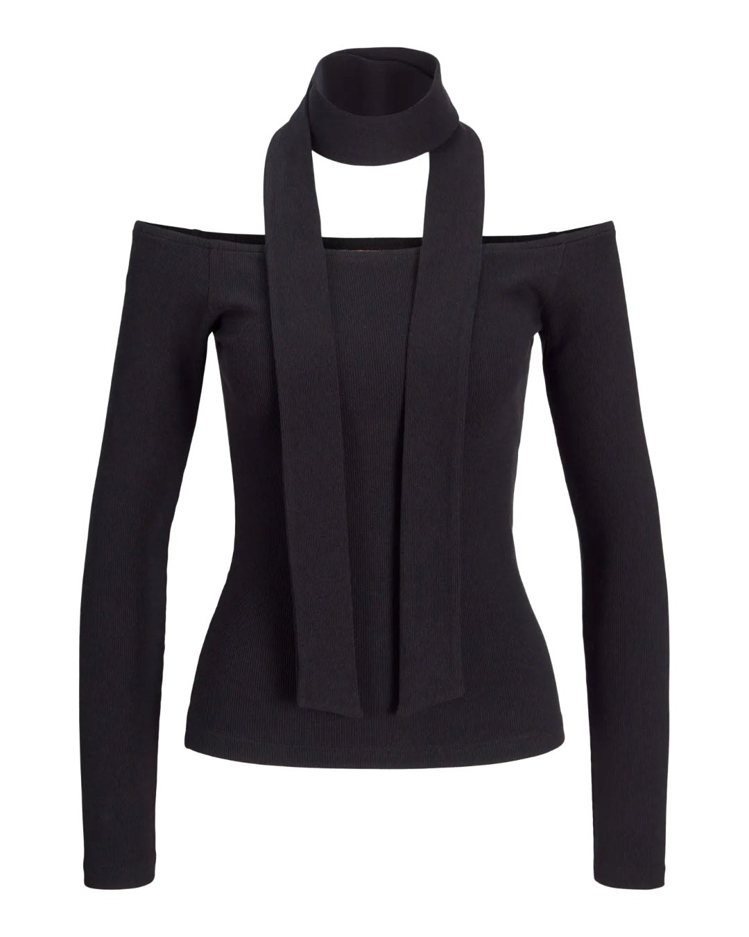Produktfoto af FEO off shoulder bluse, sort. Baggrund er hvid. Fra BySofieSønderby