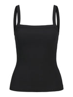 Sort tanktop med tynde stropper, uden dekoration, på hvid baggrund.