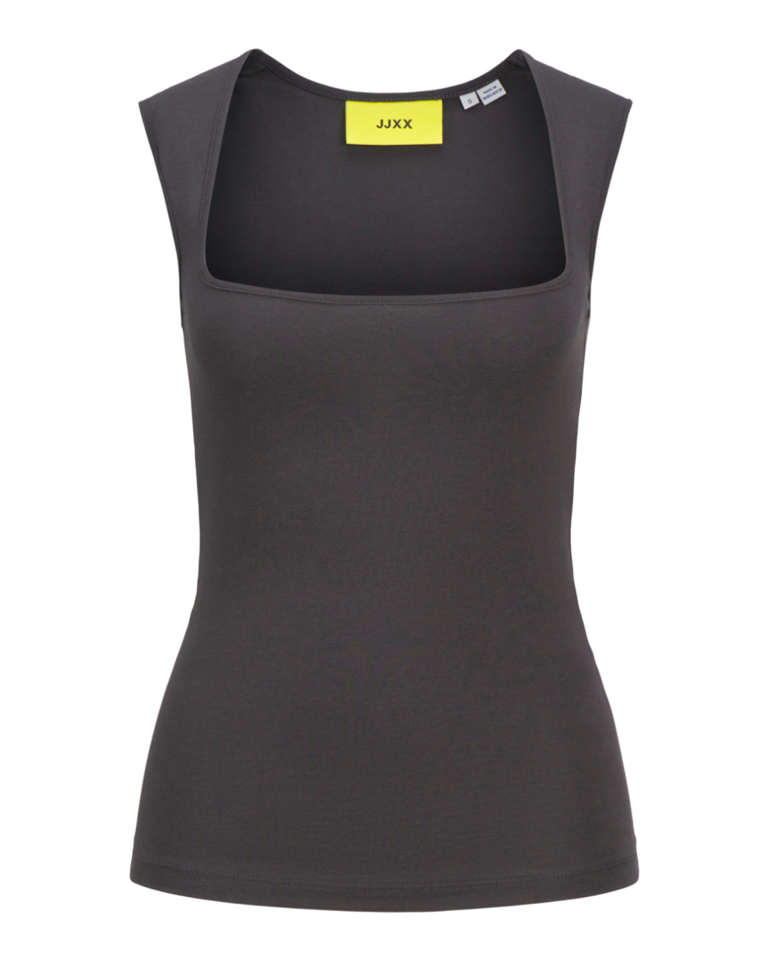 En sort tanktop med en firkantet halsudskæring er præsenteret i en neutral baggrund. Indvendigt mærke viser "JJXX" med lysegul baggrund og størrelse S (small).