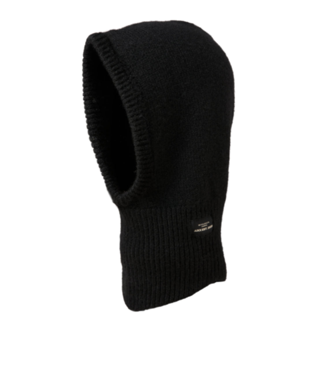 En sort balaclava med tætstrikket materiale båret i en enkel, neutral hvid baggrund. Små teksturmærker viser en diskret etiket med teksten "JACK & JONES".