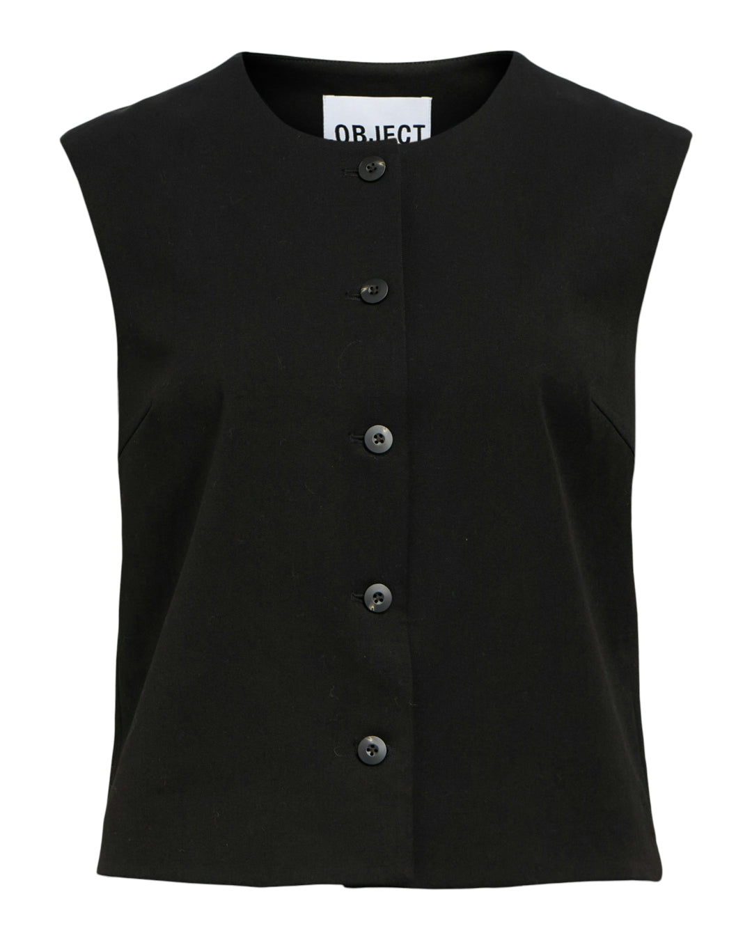 Produktfoto af en Lisa vest i sort med sort knapper. Baggrund er hvid. Fra BySofieSønderby