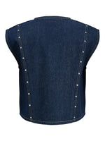 Produktbillede af denimblå MAE top, med knapdetaljer. Set bagfra. Fra BySofieSønderby