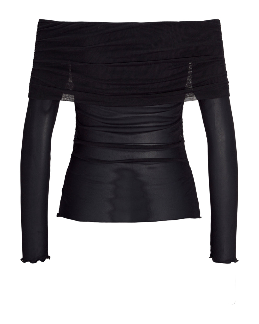 Sort off-shoulder trøje med lange ærmer, falder løst omkring skuldrene. Stoffet er let gennemsigtigt og sidder stramt om kroppen, uden baggrundsforstyrrelse.