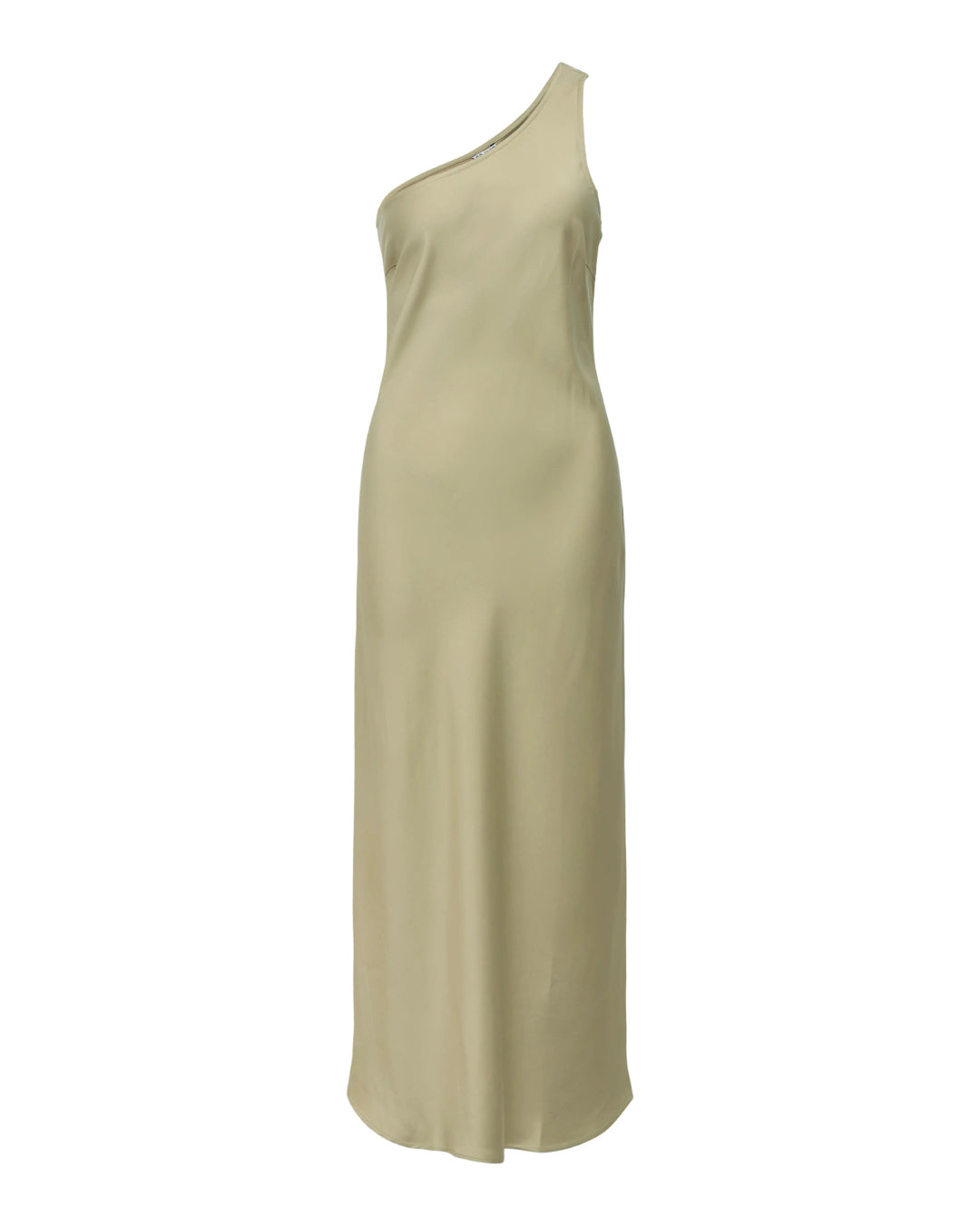 Produktbillede af grøn NAT oneshoulder kjole. Set forfra. Fra BySofieSønderby