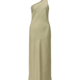 Produktbillede af grøn NAT oneshoulder kjole. Set forfra. Fra BySofieSønderby