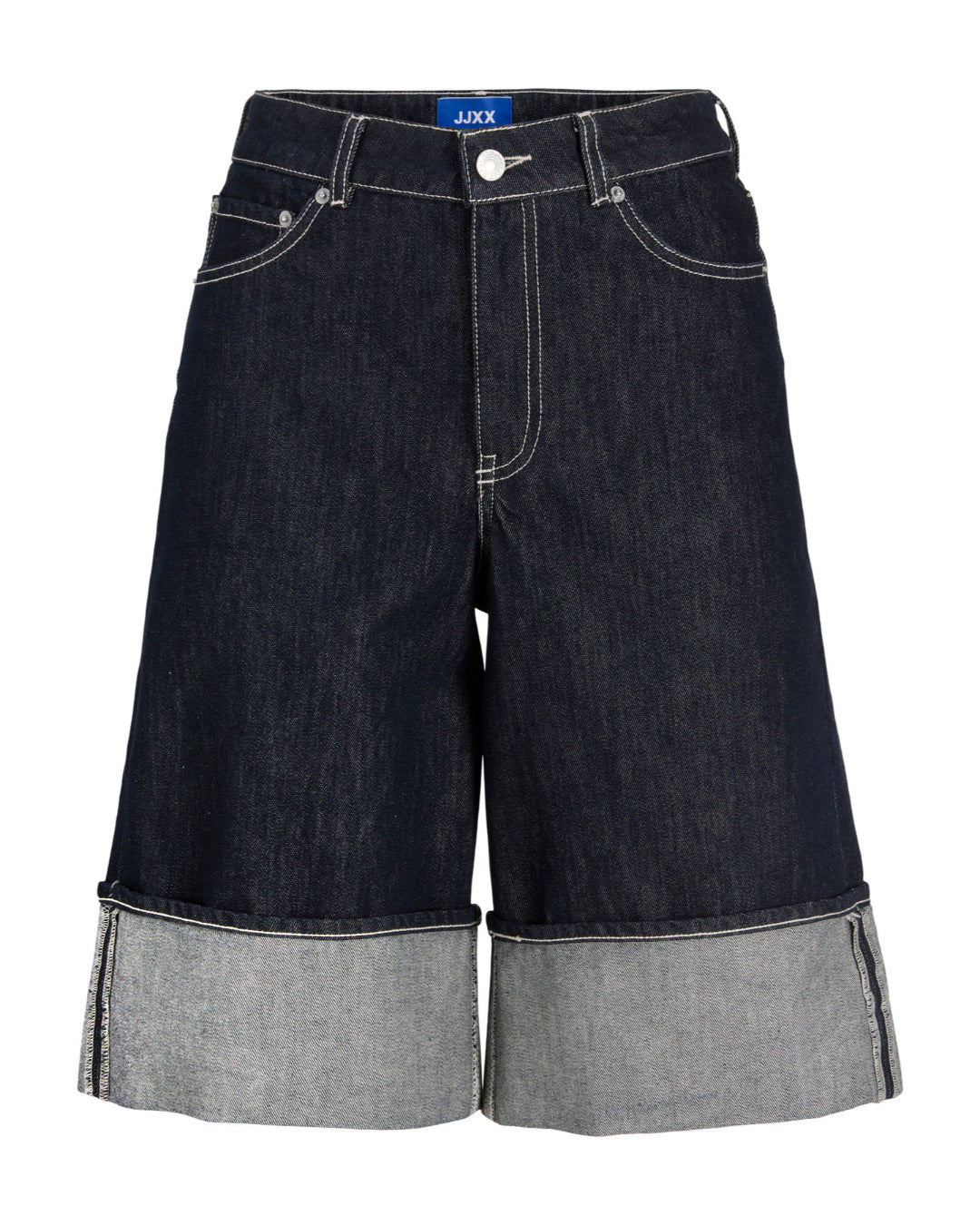 Produktbillede af mørkeblå TOKYO denim jorts med fold. Set forfra. Fra BySofieSønderby